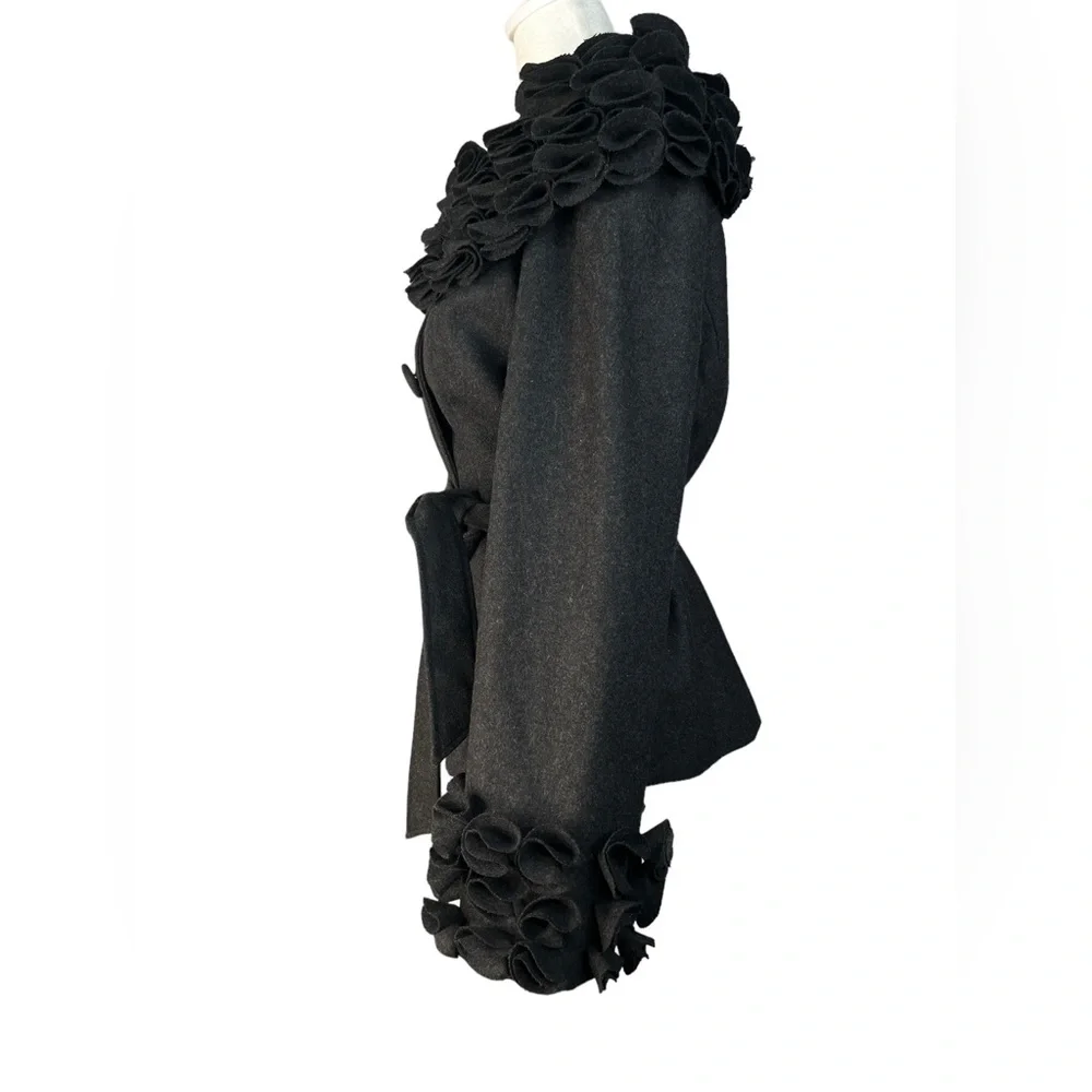 Feratelli Elegant Black Pea Coat with Ruffle Details - Picture 10 of 10